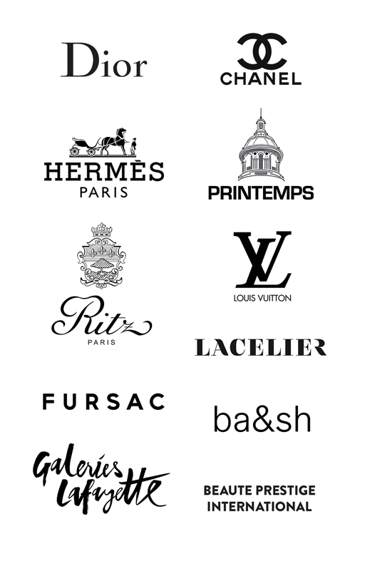 Logos de Dior, Chanel, Hermès, Louis Vuitton, Ritz, Printemps, Lacelier, Galeries Lafayette, Ba&sh, Fursac, Beauté Prestige International